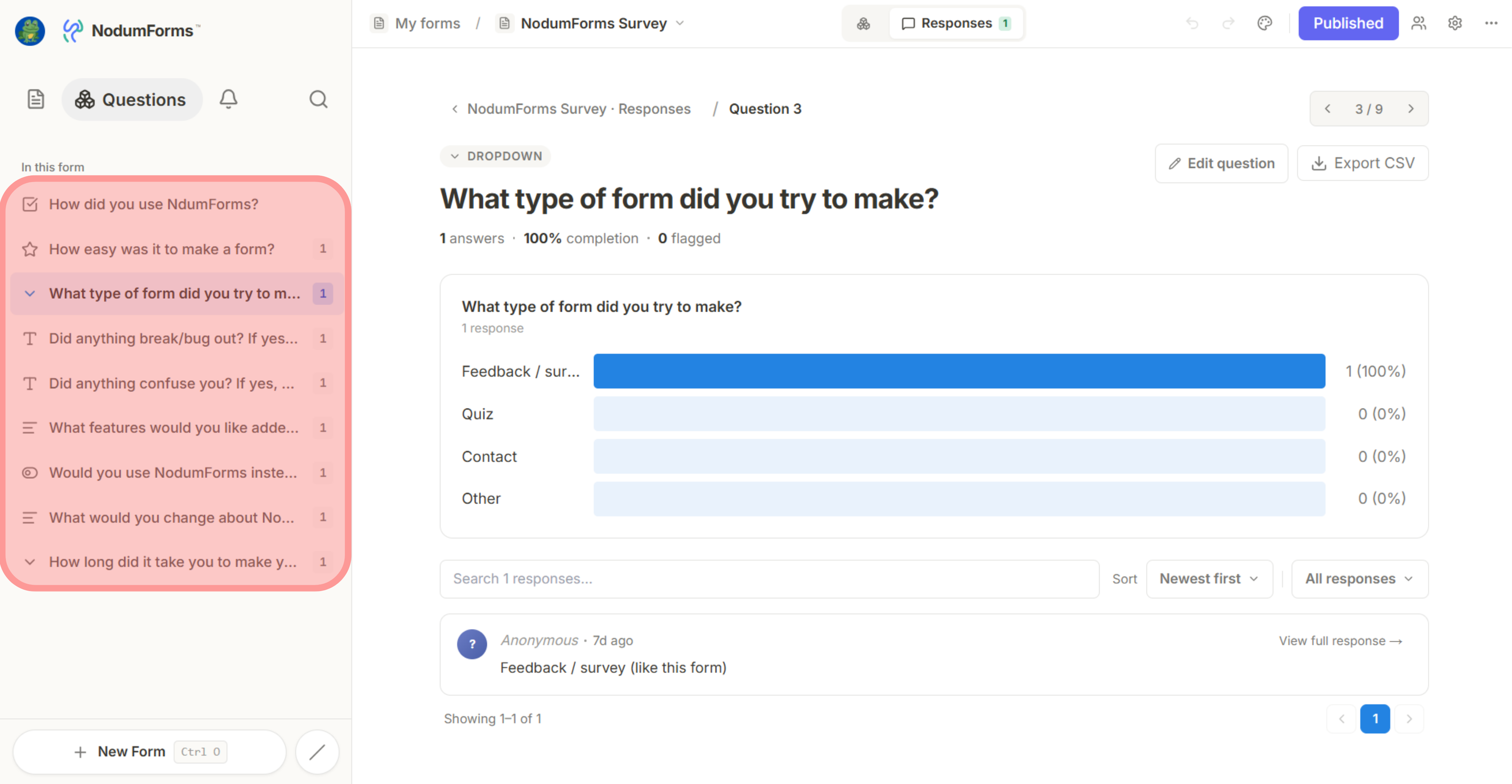 Question detail page for a Dropdown question — breadcrumb back to Responses, a 3 / 9 pager, the per-option summary bars, and the list of responses below with sort and filter controls. Left sidebar lists every question in the form with response counts.
