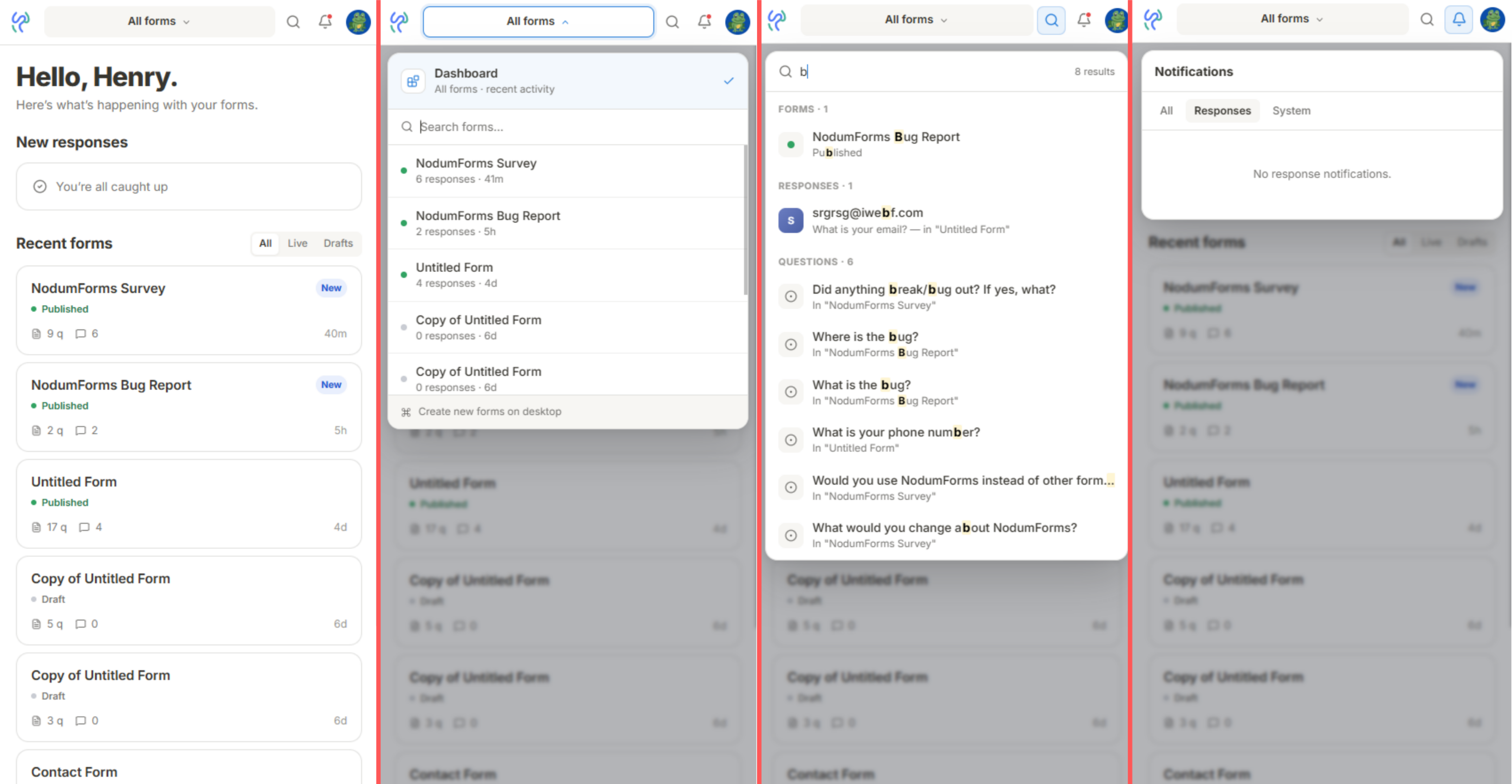 Phone-frame screenshot of the new mobile dashboard: sticky topbar (brand → form picker → search → bell → avatar), a “New responses” preview card up top, and a “Recent forms” list with All / Live / Drafts tabs below.