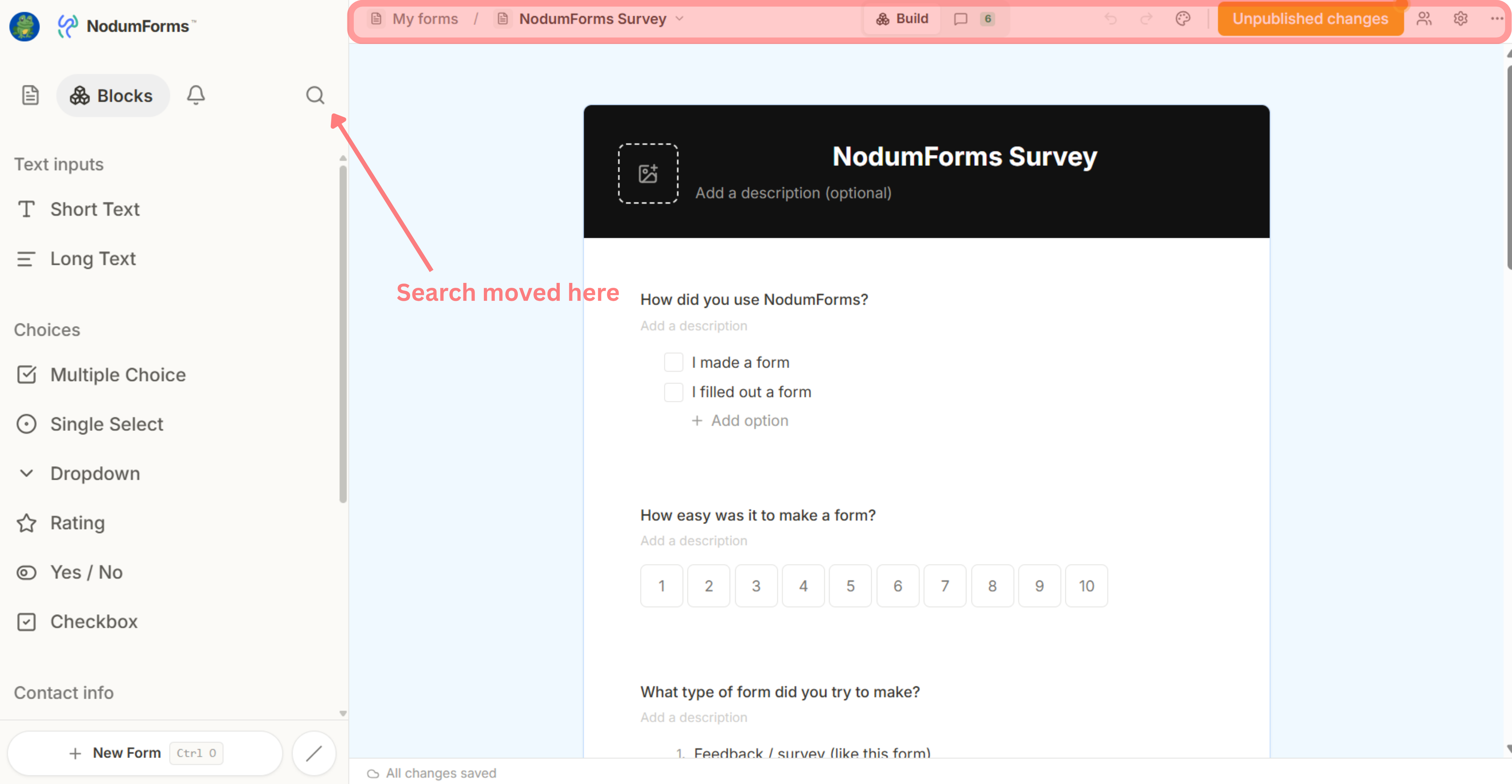 Builder with the redesigned chrome: slim topbar showing avatar + NodumForms logo on the left, breadcrumb (My forms / form name with a dropdown chevron), a centred Build pill with a comments count, then undo / redo / style / Published button / collaborators / settings / more on the right. Left sidebar shows the new Blocks / Notifications / Search tabs and the block library grouped by category, with “+ New Form” pinned to the bottom.