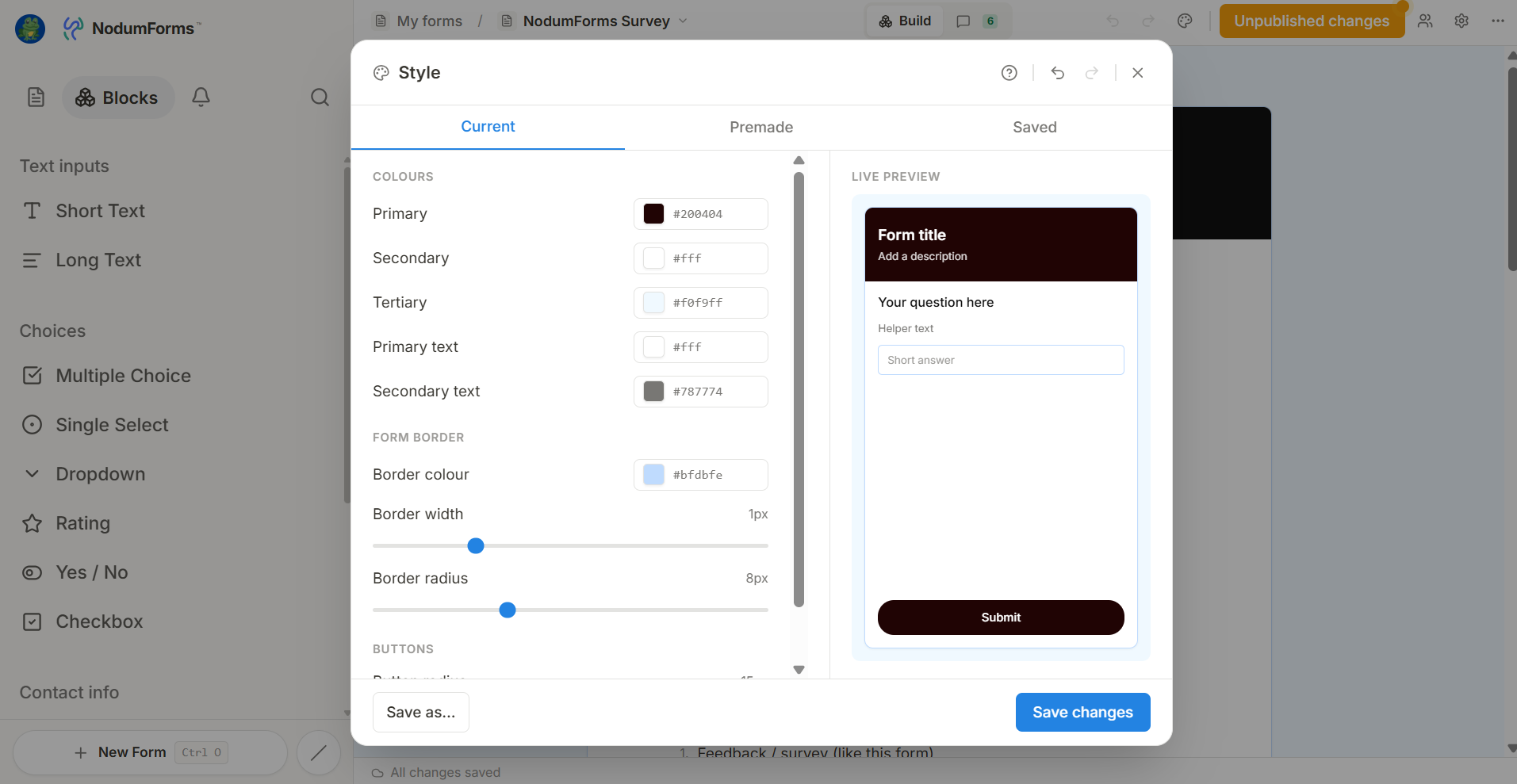 The Style modal open in the builder, showing a row of premade themes at the top and a custom palette editor below with the 5 colour swatches (primary, background, surface, text, accent) and a “Share Style” link button.